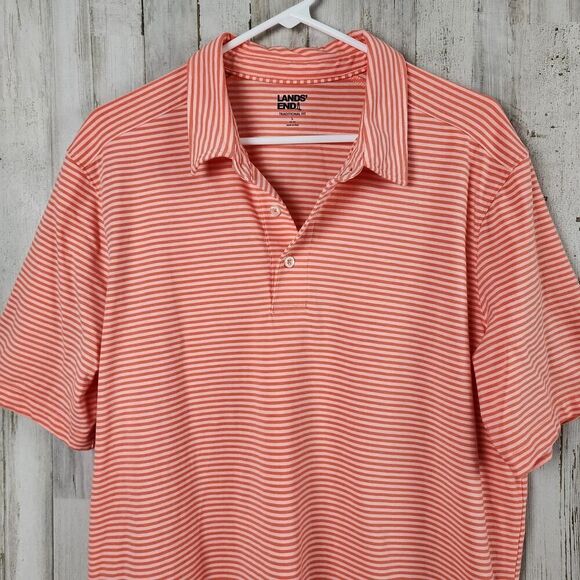 Lands' End Striped Polo Shirt Orange White Size Large - Picture 4 of 8